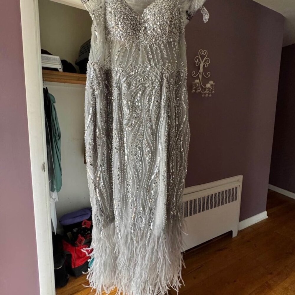 Andrea & Leo A1190  Embellished Tea Length Feather Fitted Dress